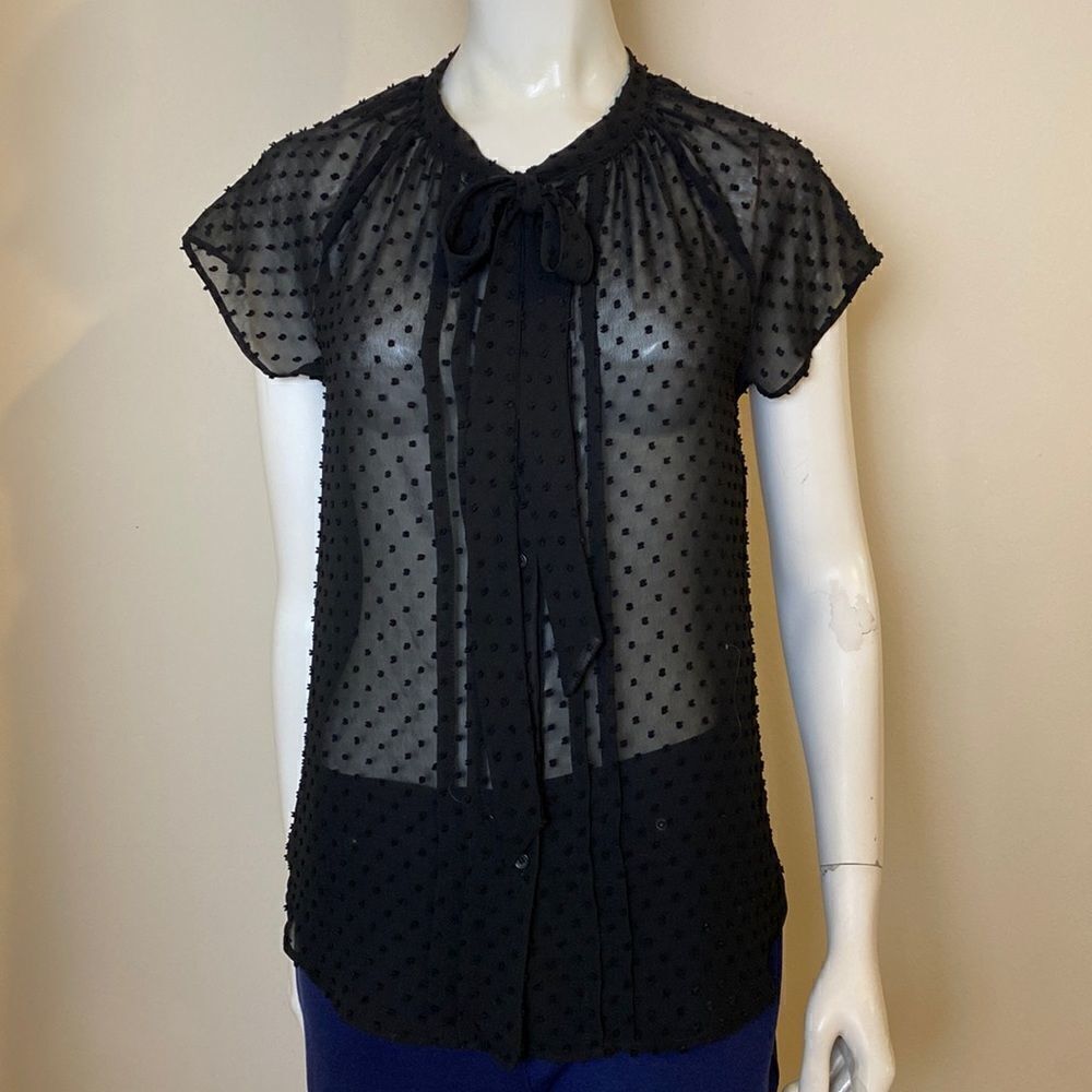 Loft Black Button Down Top Sheer Chiffon with Tie at Neckline Size XS